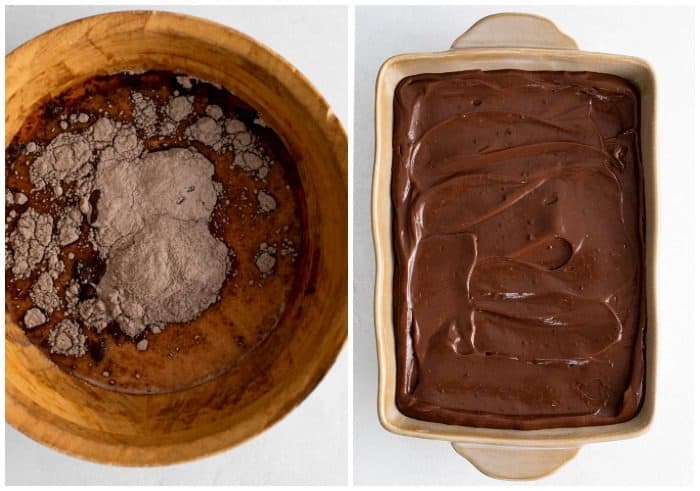 Instant pudding in a bowl before being mixed next to a casserole dish with prepared pudding spread out.