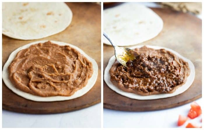 refried beans on taco bell mexican pizza next to a tortilla topped with beef