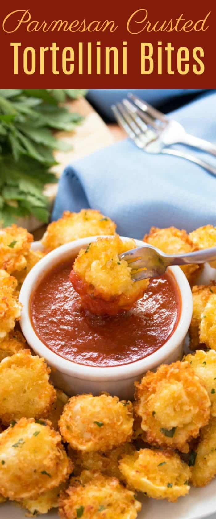 Cheese-filled tortellini that’s surrounded by a crispy Parmesan crust, fried to golden perfection and dipped in warm marinara sauce. Parmesan Crusted Tortellini Bites