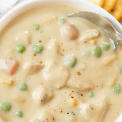 A labeled image of chicken pot pie soup in a bowl.