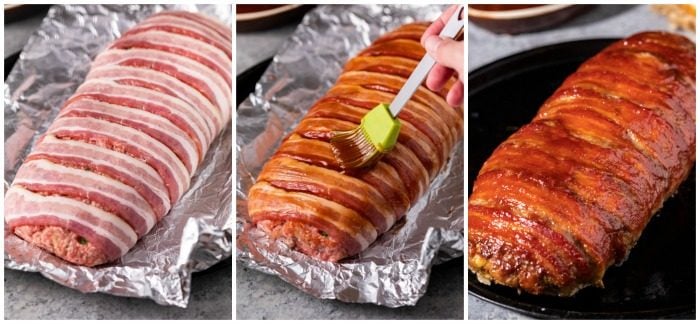 This Pioneer Woman Meatloaf Recipe is the best you'll ever try! The entire loaf is wrapped in bacon and baked to perfection, and it freezes well for future meals! | The Cozy Cook | #Meatloaf #ThePioneerWoman #Dinner #Mealprep #Beef Bacon wrapped around meatloaf and brushed with sauce, before and after bring cooked