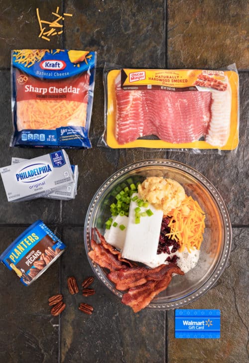 Overhead shot of ingredients needed for pineapple pecan cheese ball