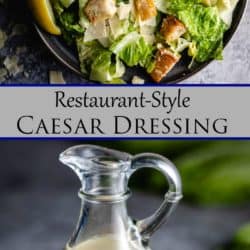A collage of Caesar Salad and a bottle of Caesar Salad Dressing.