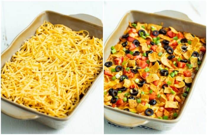 This Taco Casserole is easy to make ahead of time and bake later! It's loaded with juicy ground beef and your favorite Mexican toppings for a perfect weeknight dinner! #doritos #fritos #recipe #mexicanrecipes #easydinnerideas #familydinner #groundbeefrecipes Side by side of casserole dish with cheese and then topped with taco casserole toppings.