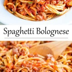 A collage of spaghetti Bolognese in a skillet and on a white plate.