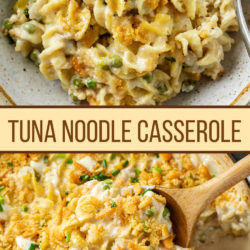 A collage of Tuna Noodle Casserole with a label in the middle.