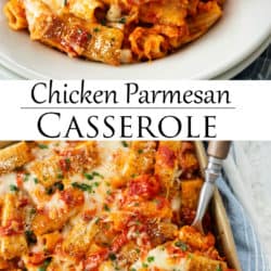 A collage of Chicken Parmesan Casserole in a bowl and in a casserole dish.