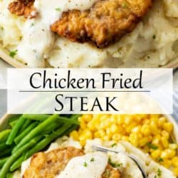 Collage of chicken fried steak on top of mashed potatoes with corn and green beans.