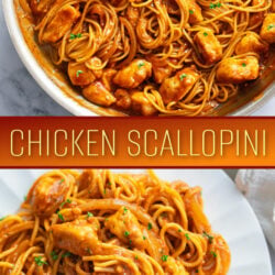 A collage of Chicken Scallopini in a skillet and on a white plate.
