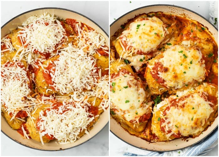 A skillet of chicken Parmesan with marinara sauce and mozzarella cheese before and after being baked.