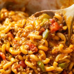 A labeled image of American Chop Suey with a wooden spoon scooping it up.