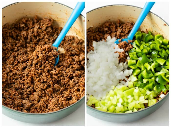 A dutch oven with cooked ground beef with onions, peppers, and celery being added for American Chop Suey.
