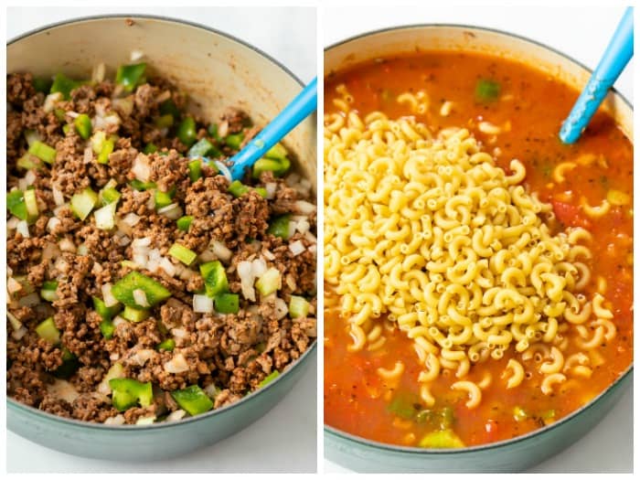 A dutch oven with meat mixture, tomato base, and uncooked macaroni for making American Chop Suey.