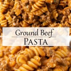 A collage of ground beef pasta with a label in the middle.