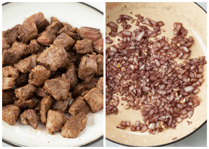 Seared beef tips next to a pot with softened onions and garlic.