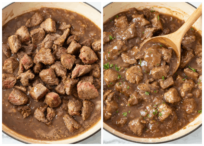 Adding beef tips to a skillet full of brown gravy of steak tips and gravy.