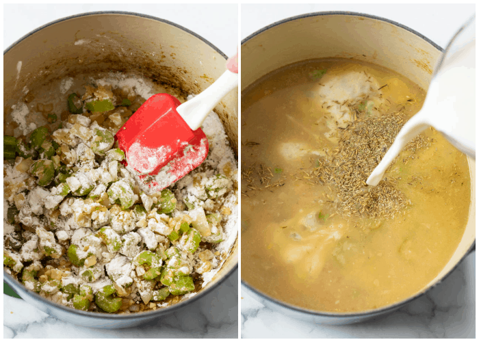 A pot with floured vegetables, broth, cream, and seasoning to make Chicken Pot Pie soup.