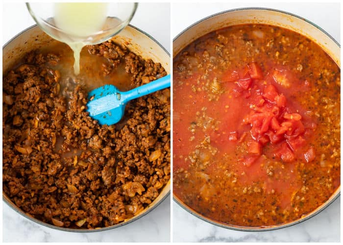 Ground beef and sausage in a pot with tomato sauce, chicken broth, and diced tomatoes being added for Lasagna soup.