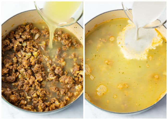 A pot with ground sausage and onions with chicken broth and half and half being added.