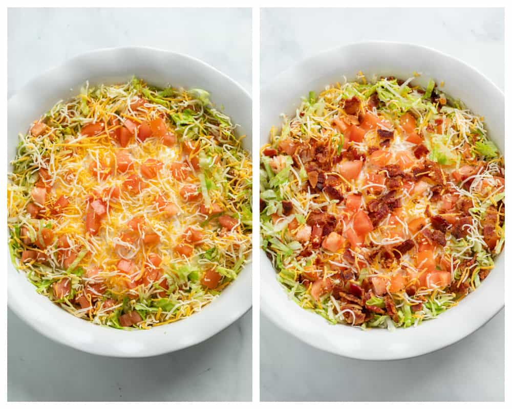 A white pie pan filled with BLT Dip before and after bacon is added to the top.