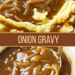 A collage of onion gray in a bowl with a ladle and over mashed potatoes.
