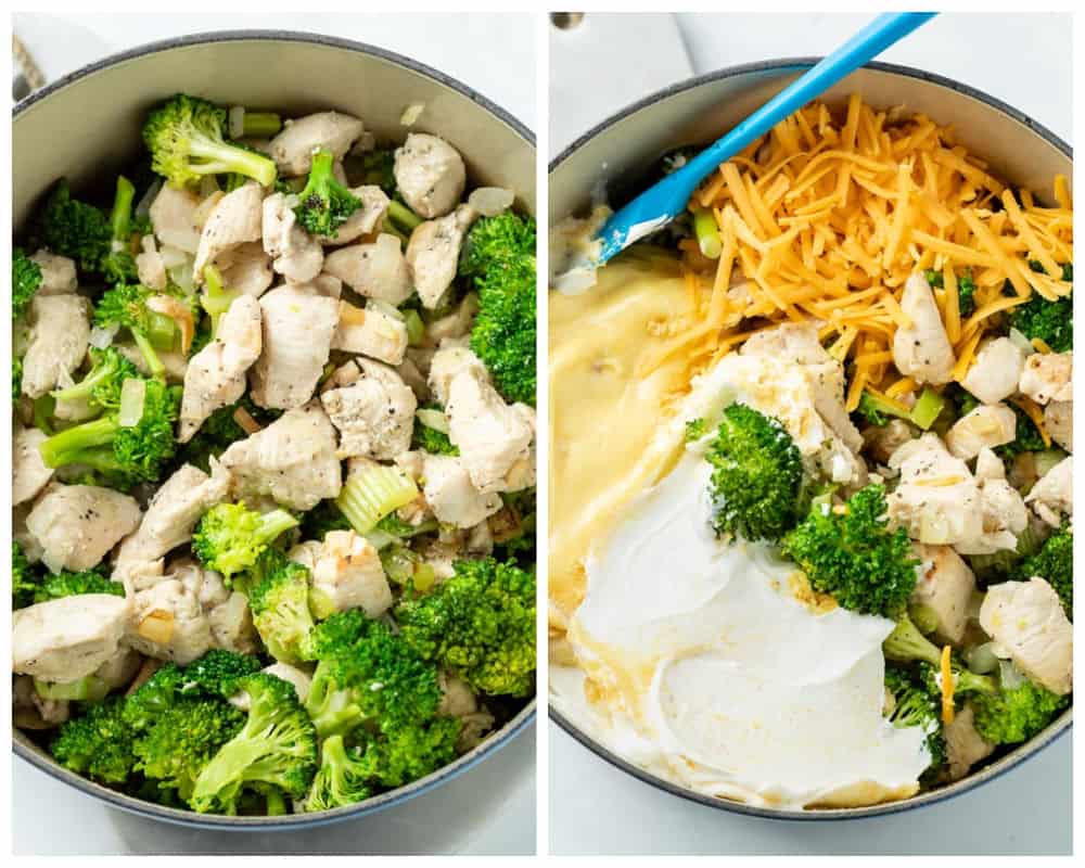 A dutch oven filled with chicken and broccoli with sauce ingredients being added to make Chicken Divan.