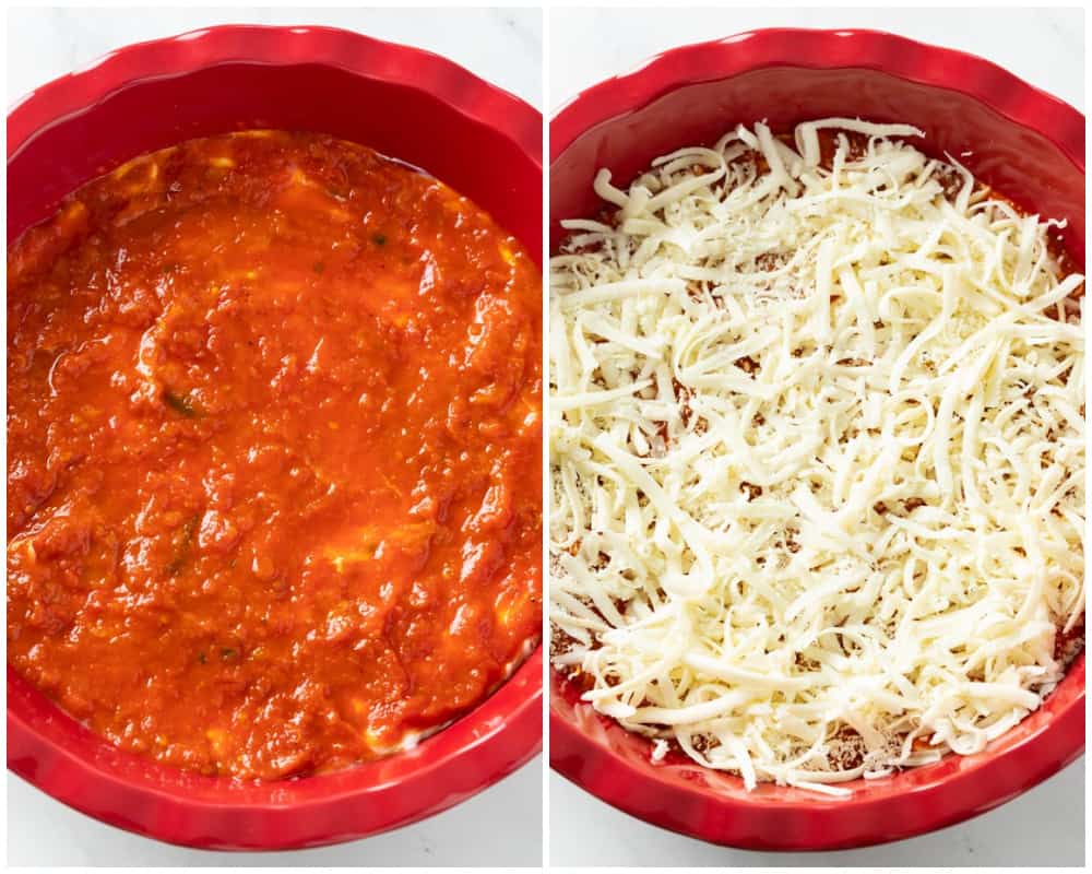 Making pizza dip by adding marinara sauce on top of cream cheese and adding mozzarella.