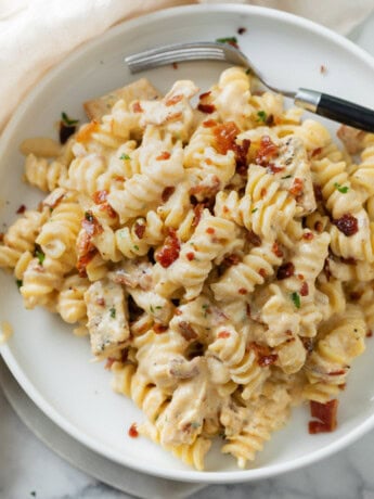 A white plate topped with creamy Chicken Bacon Ranch Pasta with crispy bacon on top.