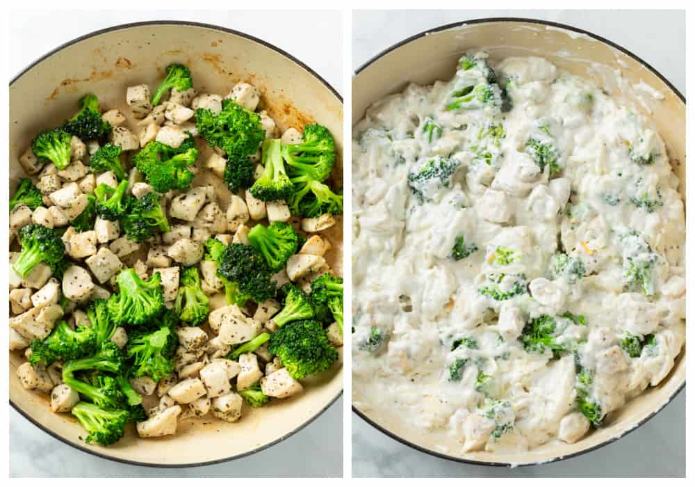 Making chicken noodle casserole in a pot with chicken, broccoli, and white sauce.