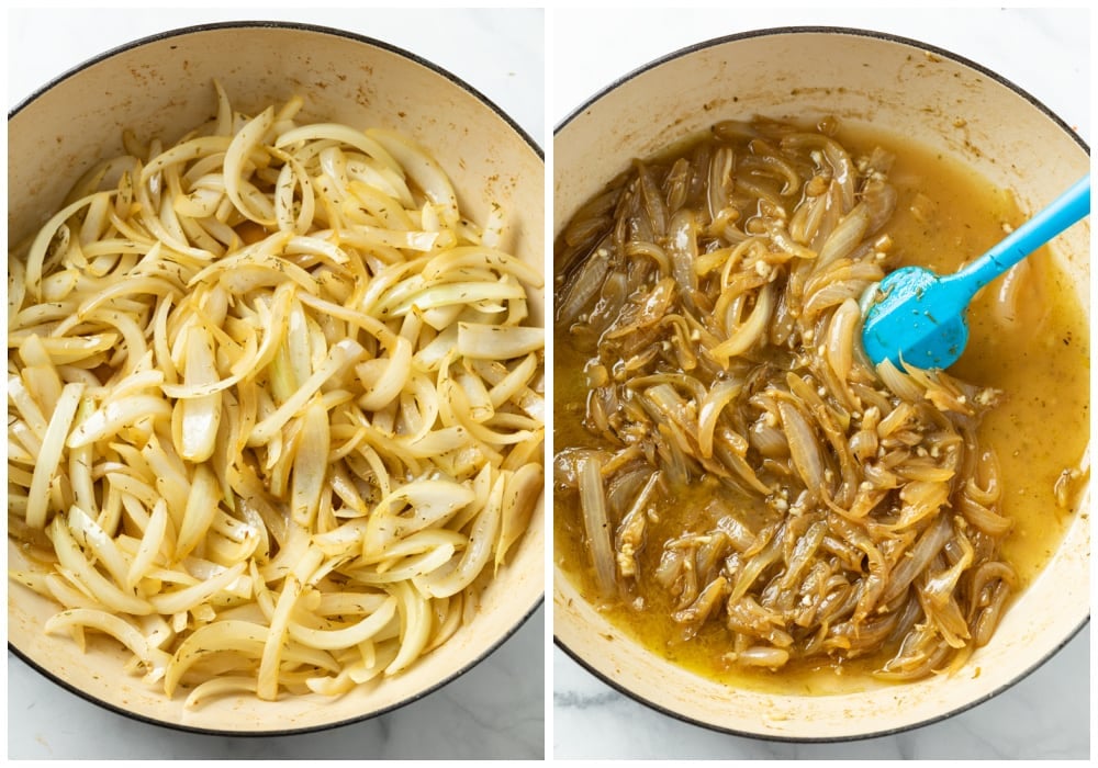 Caramelizing onions in a skillet to make French Onion Chicken.