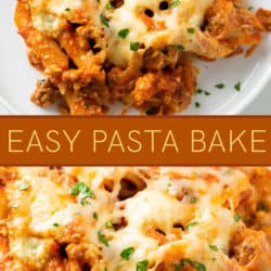 A collage of a cheesy Pasta Bake with Penne in Meat Sauce