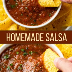 A collage of homemade salsa in a bowl with a chip being dipped into it.