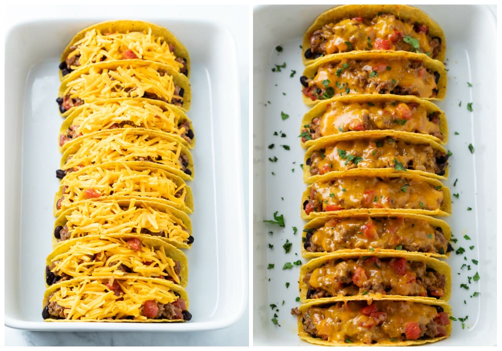 Tacos lined up in a white casserole dish before and after baking with cheese on top.
