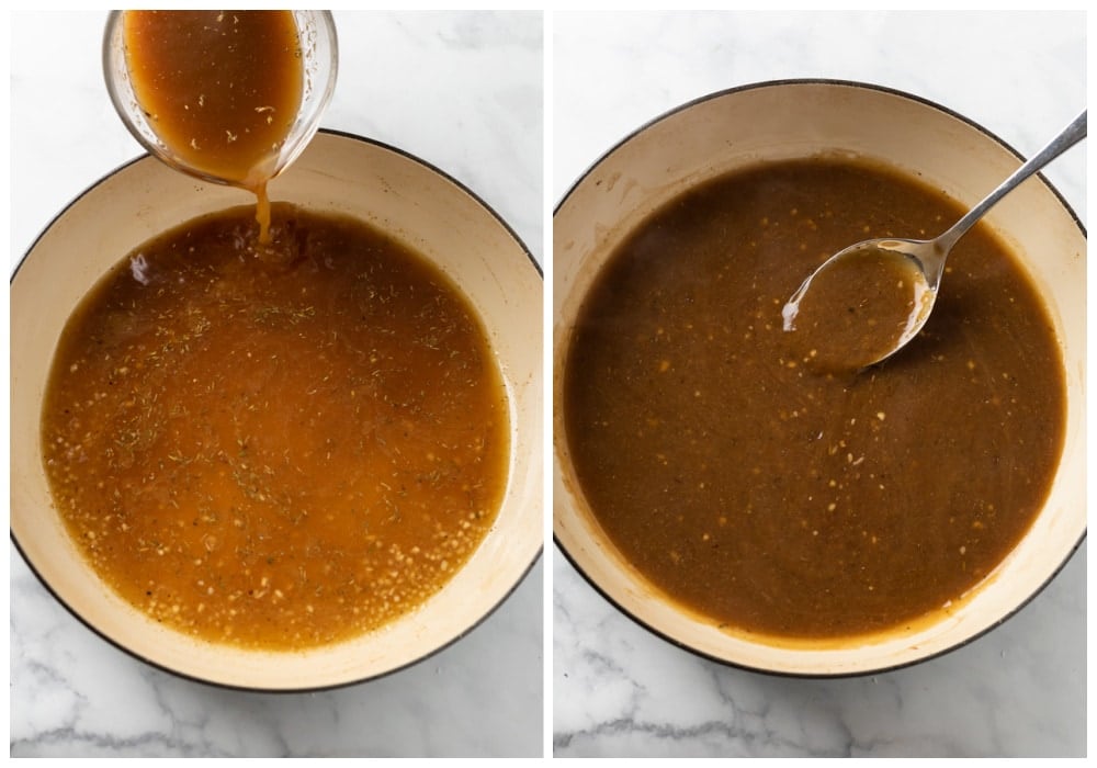 Adding a beef broth and seasonings and reducing to make a sauce for mushroom chicken.