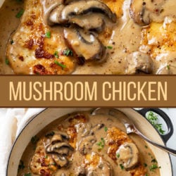 A collage of Mushroom Chicken in sauce in a skillet.
