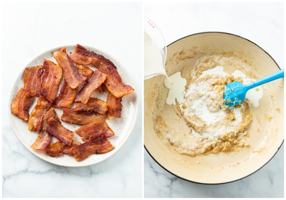Crispy bacon next to a skillet with roux for making cheese sauce.