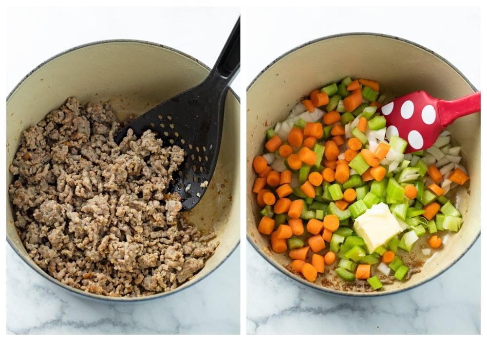 A pot with cooked ground sausage and another pot with onions, carrots, celery, and butter.