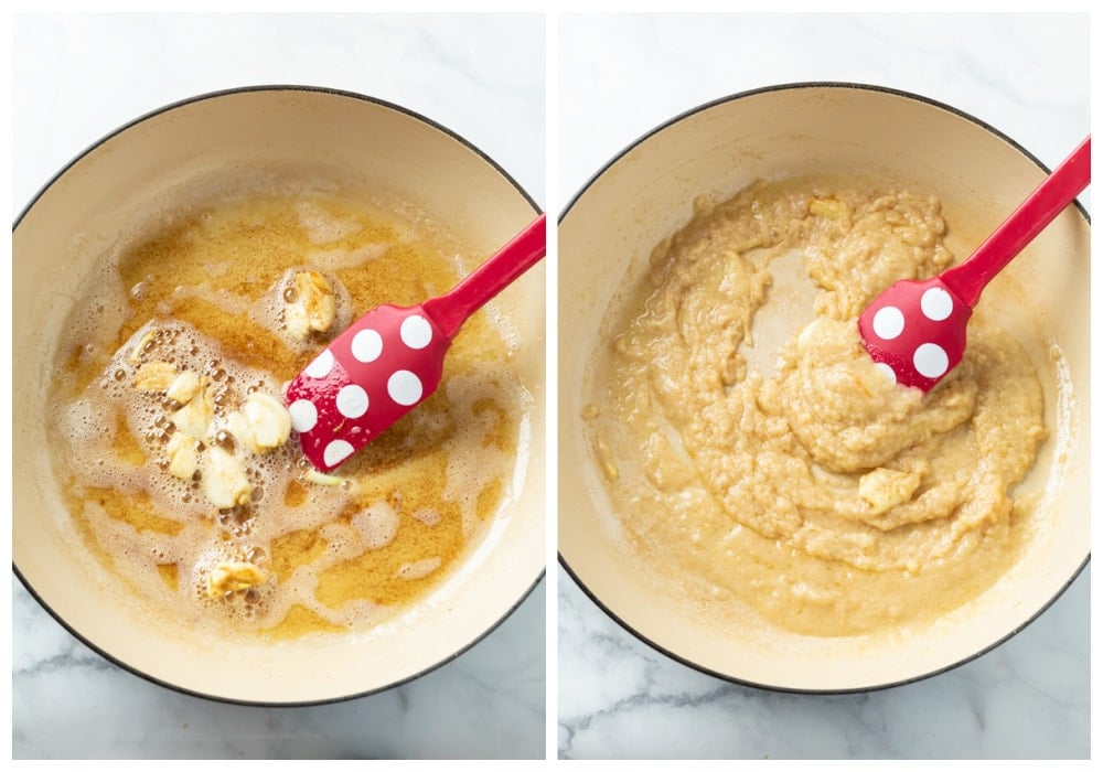 Making a roux for creamy tortellini sauce.