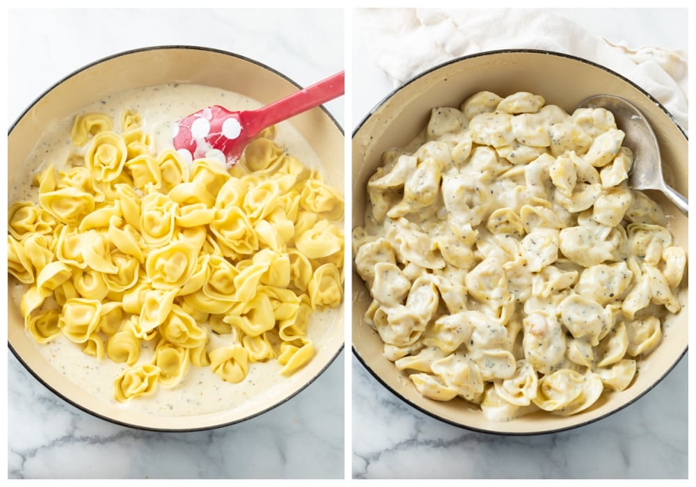 Adding tortellini to a pot of creamy tortellini sauce.