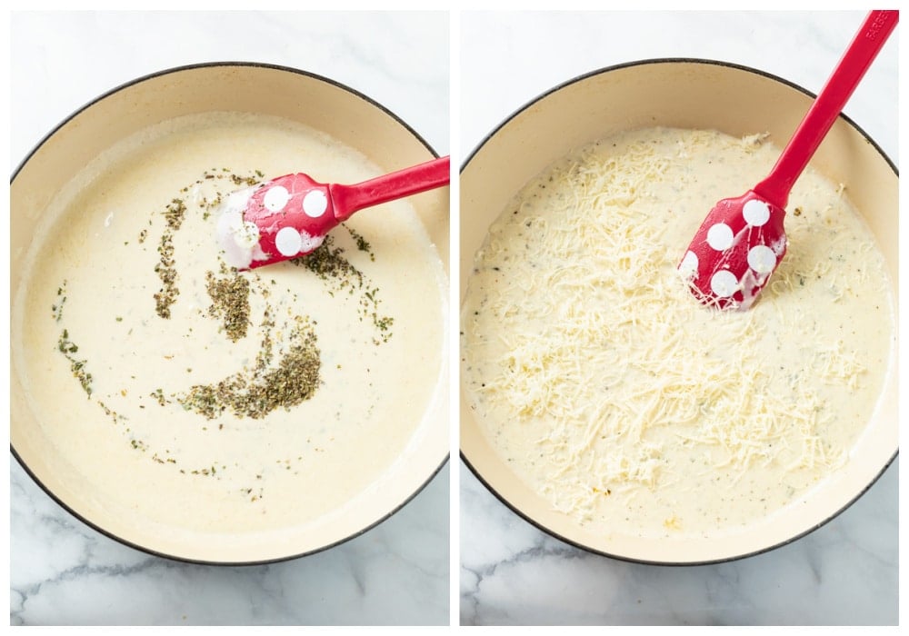 Adding seasonings and cheese to make creamy tortellini sauce.