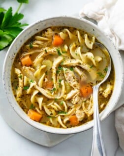 A bowl of chicken noodle soup with a spoon in the bowl and parsley.