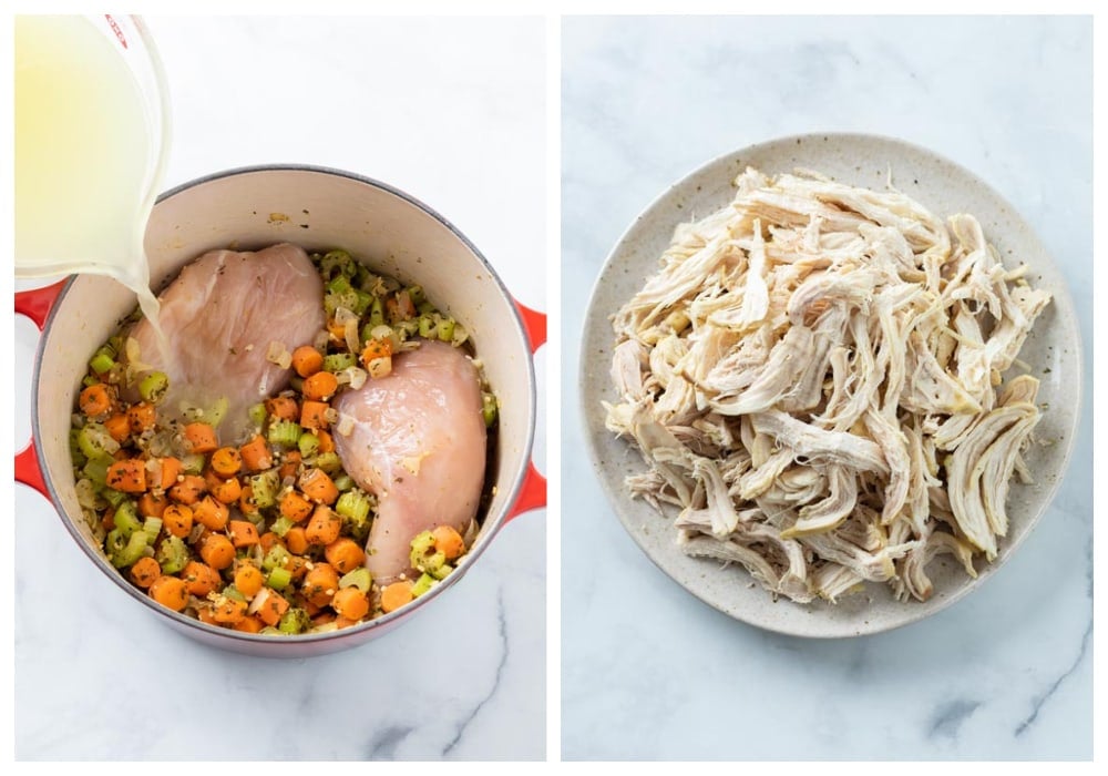 A dutch oven with uncooked chicken and sautéed vegetables next to a plate of shredded chicken.