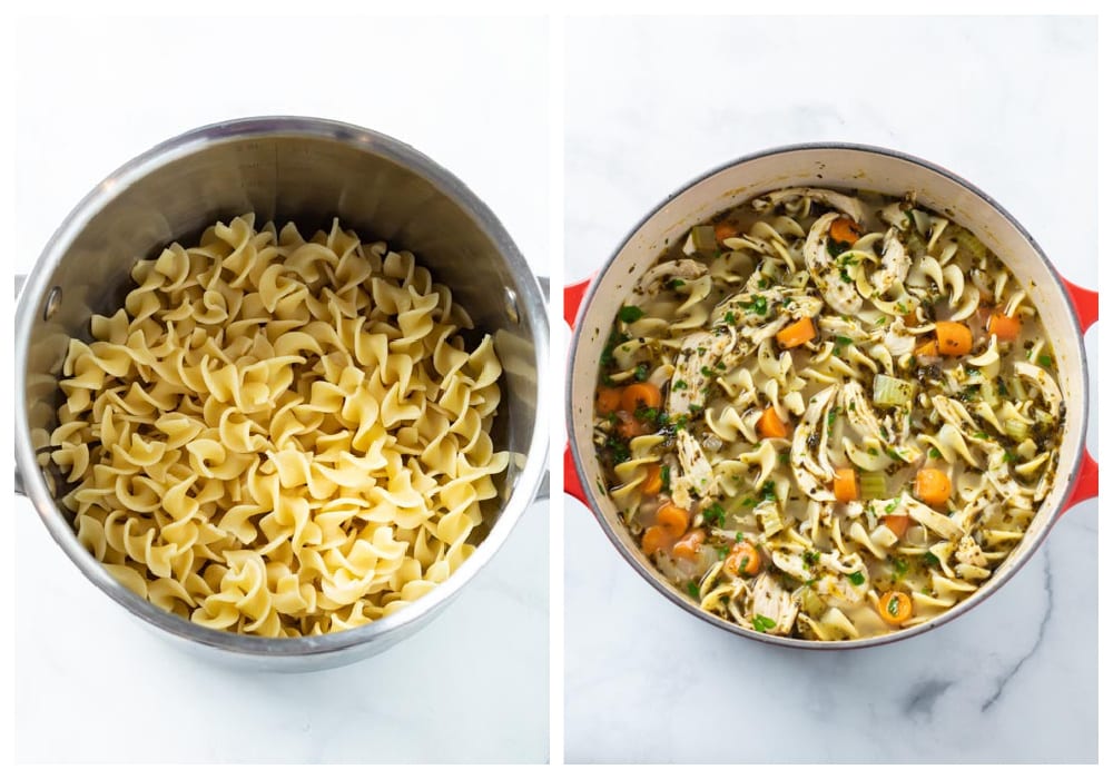 A pot of cooked egg noodles next to a pot of chicken noodle soup.
