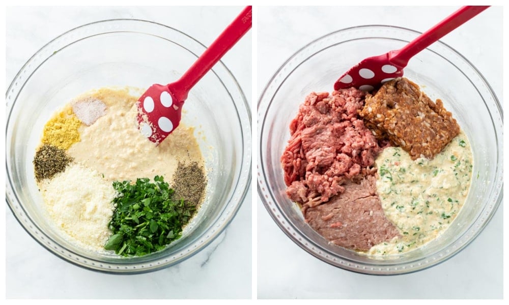 Meatball ingredients in a glass bowl before being mixed together.