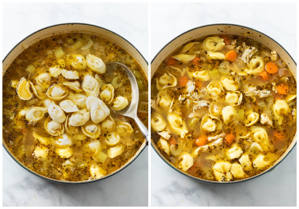 Adding tortellini to Chicken Tortellini Soup.