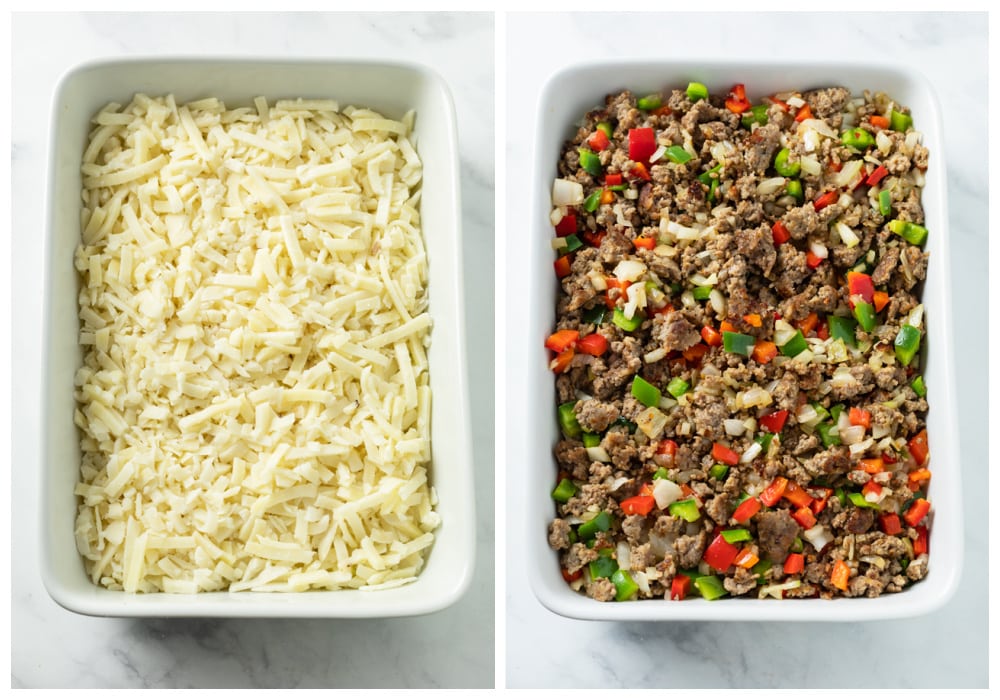 Assembling hashbrown breakfast casserole in a casserole dish.