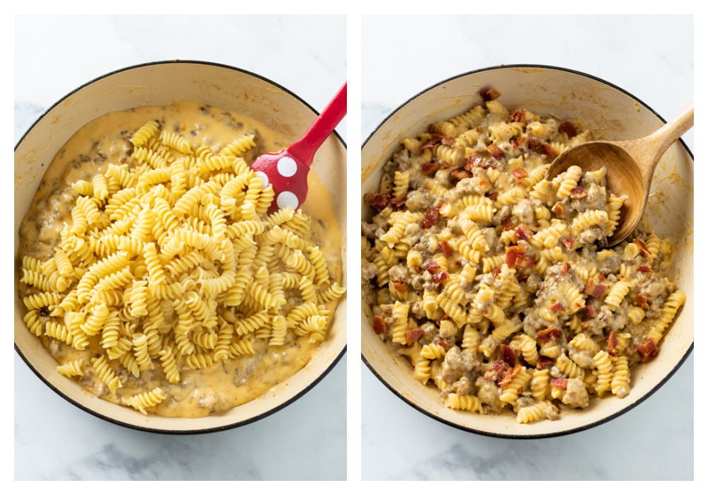 Adding cooked rotini pasta to cheese sauce with ground beef and topping with bacon.
