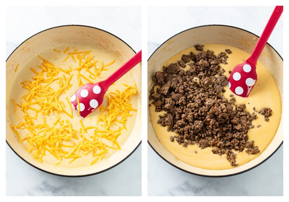 Adding cheese and ground beef to a cheeseburger sauce for pasta.
