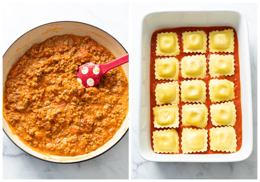 Meat sauce in a skillet next to a casserole dish with ravioli.