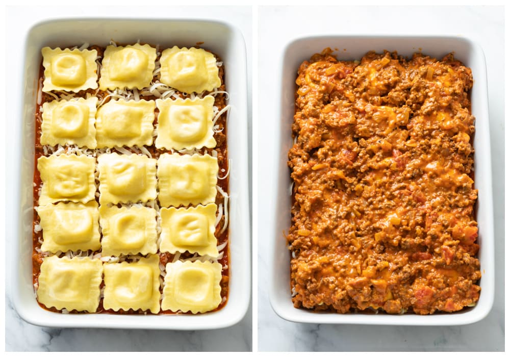 A casserole dish with layers of ravioli, meat sauce, and cheese.